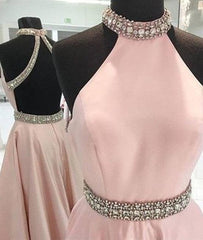 Pink high neck long prom dress, pink backless evening dress - RongMoon