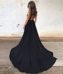 Black v neck chiffon long prom dress, black evening dress - RongMoon