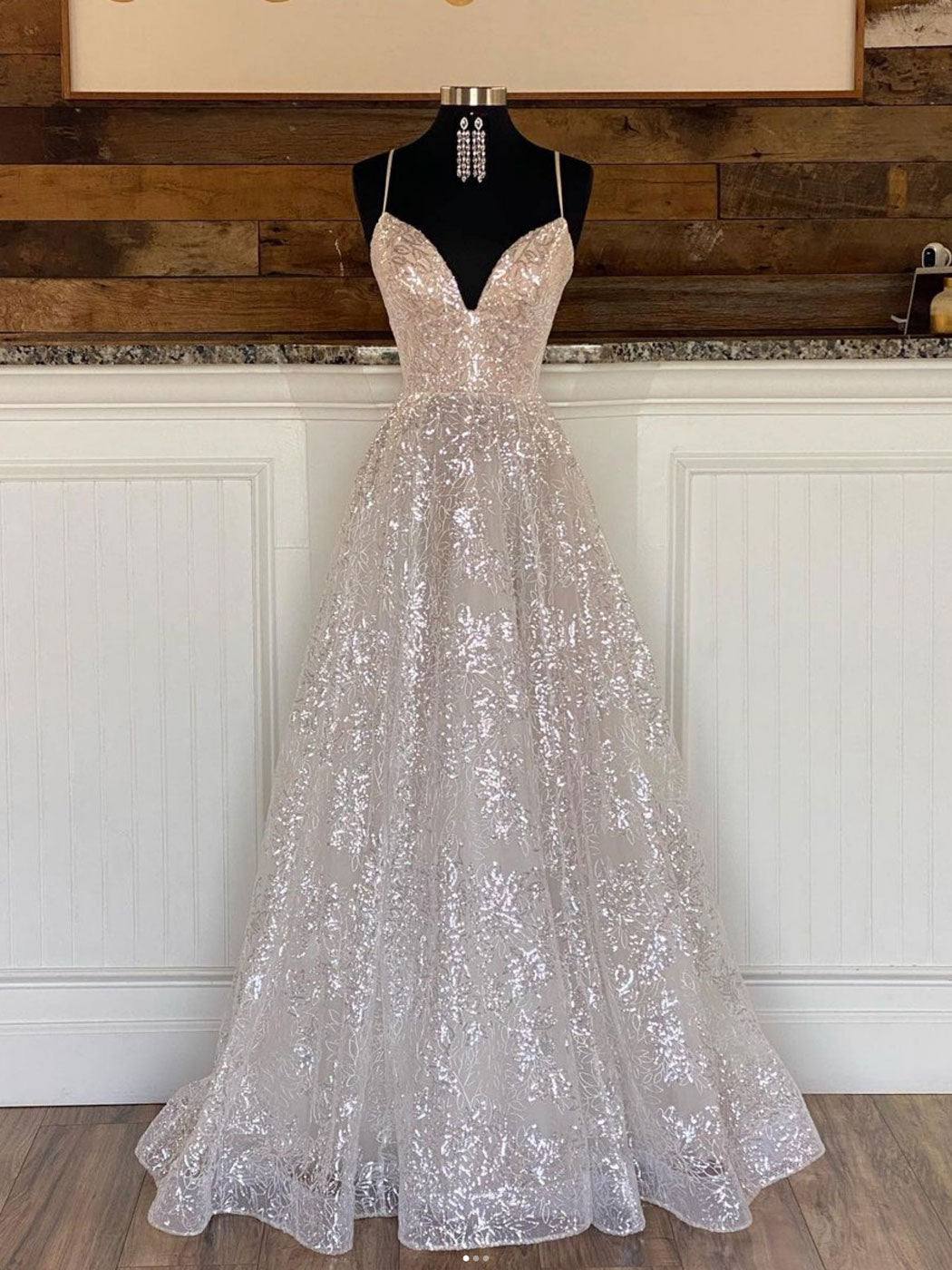 A line sequin long prom dress, champagne sequin evening dress - RongMoon