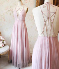 Unique Pink v neck long prom dress, pink evening dress - RongMoon