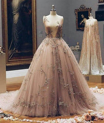 Champagne v neck tulle lace prom dress, champagne tulle evening dress - RongMoon