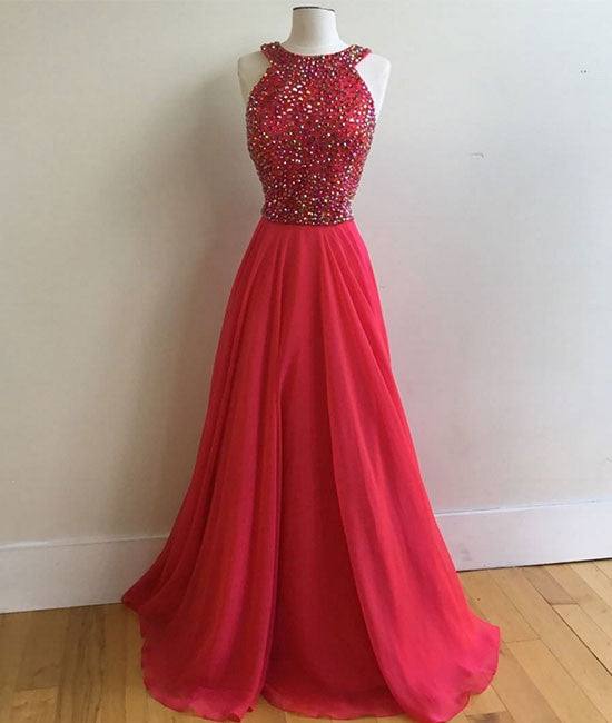 Red round neck long prom dress, red evening dress - RongMoon