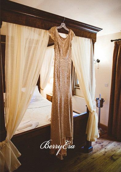 Cap Sleeves Open Back Sequin Sheath Long Bridesmaid  Dresses - RongMoon