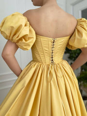 Yellow A line satin long prom dress, yellow evening dress - RongMoon