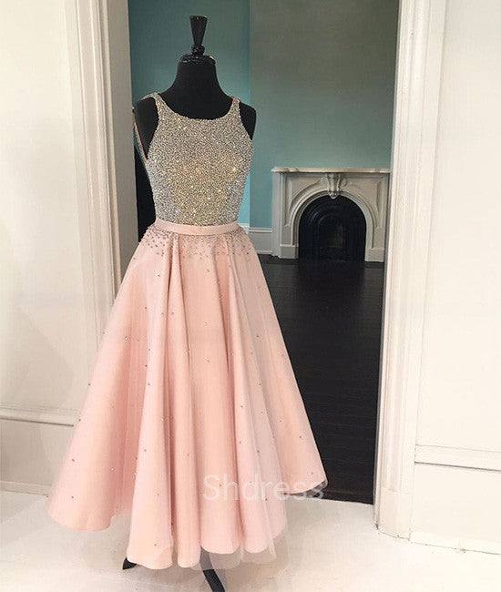 Cute pink sequin tea-long prom dress, pink sequin formal dress for teens - RongMoon
