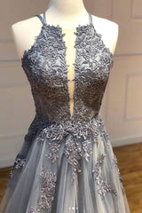 Gray tulle lace long prom dress gray tulle lace formal dress - RongMoon