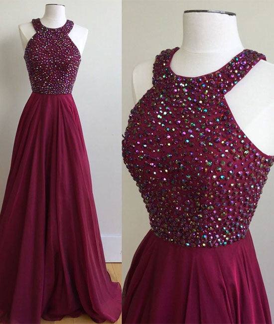 Burgundy chiffon long prom dress, burgundy evening dress - RongMoon