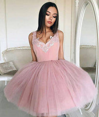 Cute v neck tulle pink short prom dress, pink homecoming dress - RongMoon