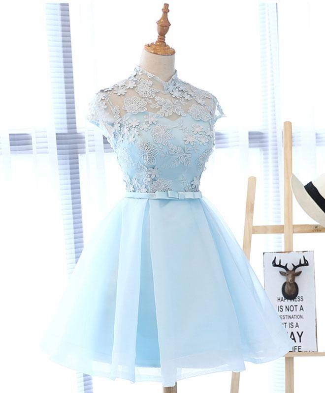 Blue tulle lace short prom dress, blue tulle lace homecoming dress - RongMoon