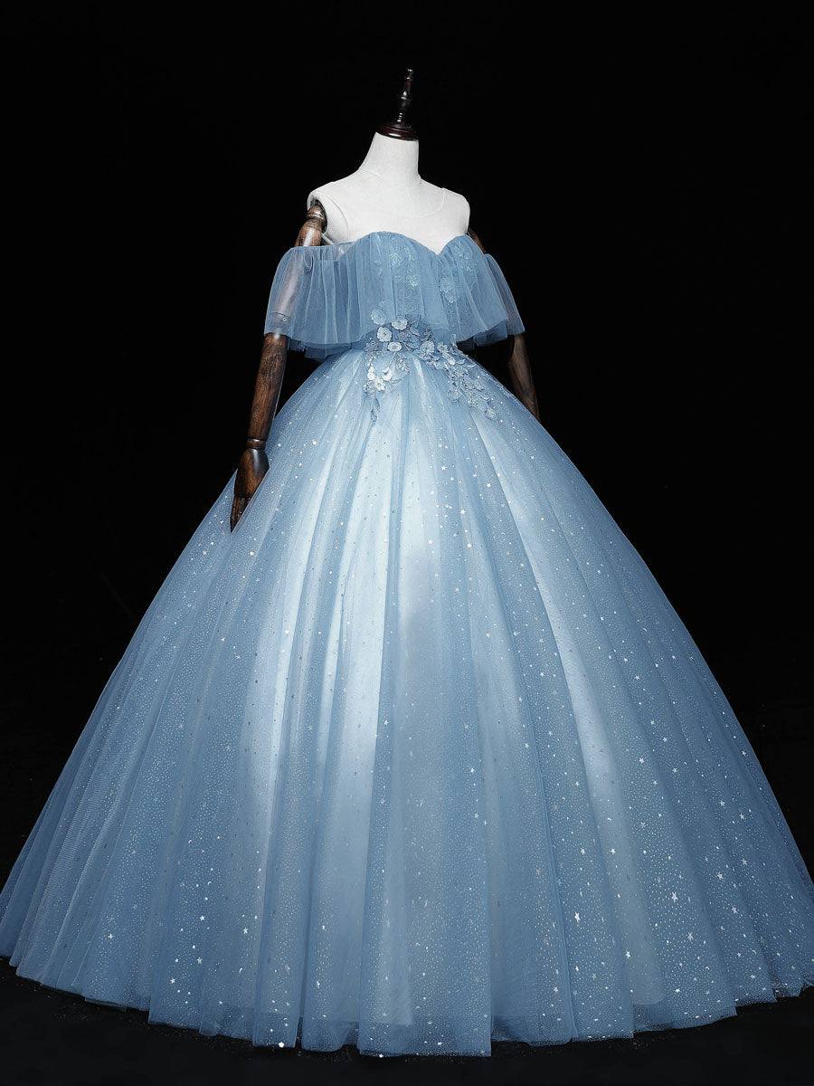 Blue sweetheart neck tulle lace long prom dress, blue evening dress - RongMoon