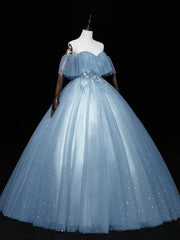 Blue sweetheart neck tulle lace long prom dress, blue evening dress - RongMoon