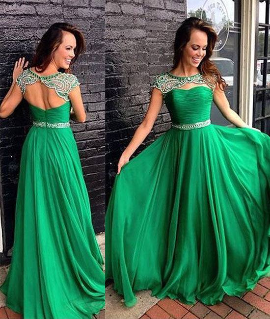 Green A-line round neck long prom dress, green formal dress - RongMoon