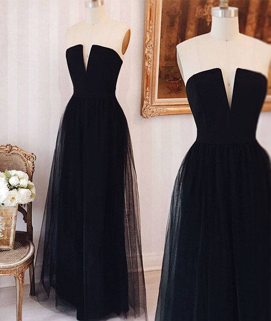 Simple tulle black long prom dress, black formal dress - RongMoon