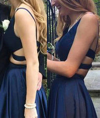 Dark blue v neck two pieces long prom dress, evening dress - RongMoon