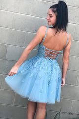 Blue tulle lace short prom dress, blue tulle lace homecoming dress - RongMoon