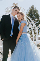 Blue tulle two pieces long prom dress blue formal dress - RongMoon