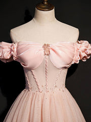 Pink tulle off shoulder long prom dress, pink tulle formal dress - RongMoon