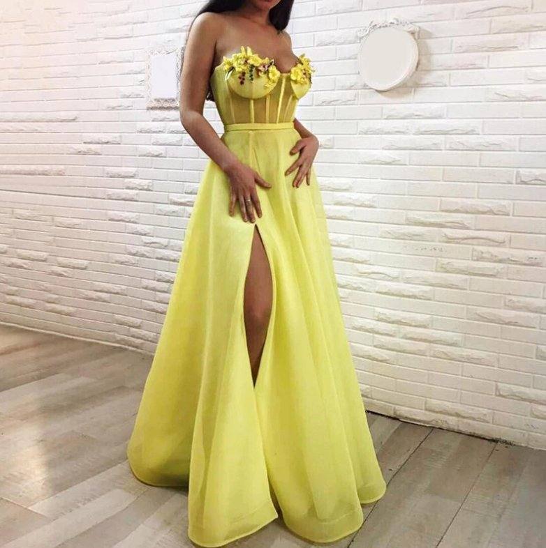 Yellow Muslim Evening Dresses A-line Sweetheart Tulle Flowers Slit Islamic Dubai Saudi Arabic Long Formal Evening Gown - RongMoon