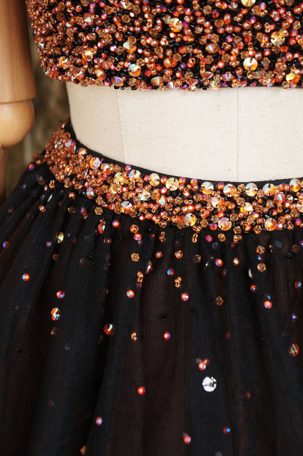 Black two pieces beads tulle short prom dress black homecoming dress - RongMoon