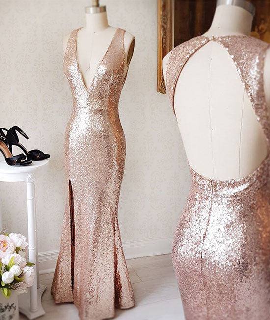 Champagne v neck sequin open back long prom dress - RongMoon