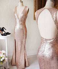 Champagne v neck sequin open back long prom dress - RongMoon