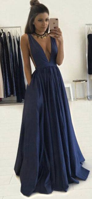 Simple v neck dark blue long prom dress, evening dress - RongMoon