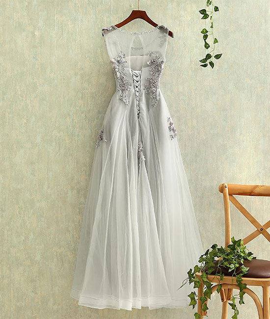 Gray round neck tulle lace long prom dress, gray evening dress - RongMoon