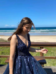 Dark blue v neck lace applique long prom dress lace evening dress - RongMoon