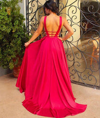 Unique red v neck long prom dress, red evening dress - RongMoon