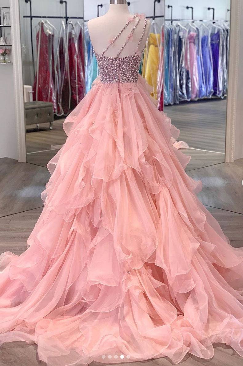 Pink one shoulder beads long prom dress pink evening dress - RongMoon