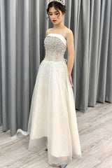 Cute tulle beads long prom dress, tulle evening dress - RongMoon