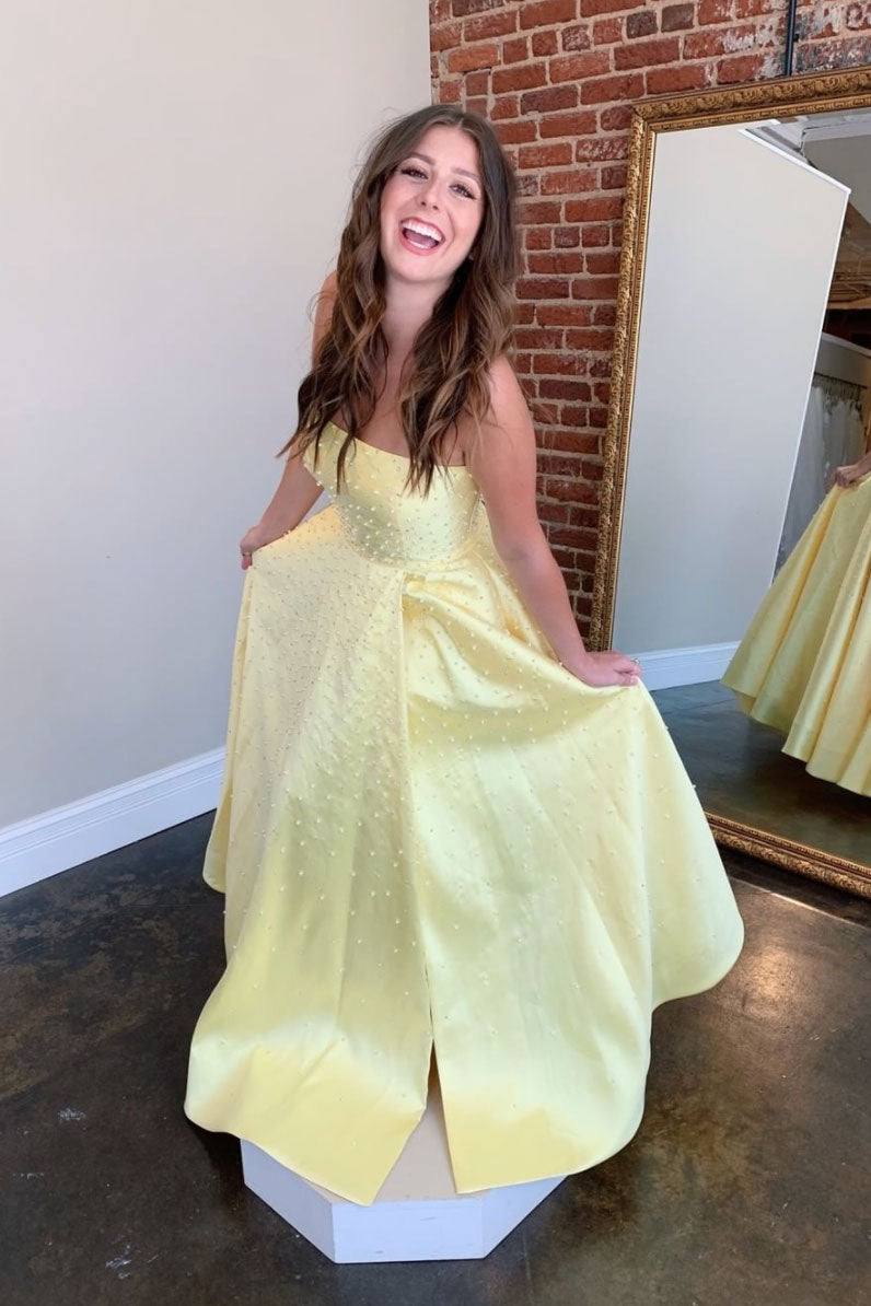 Yellow sweetheart A-line satin long prom dress yellow formal dress - RongMoon