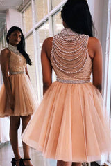 Unique high neck tulle beads short prom dress homecoming dress - RongMoon