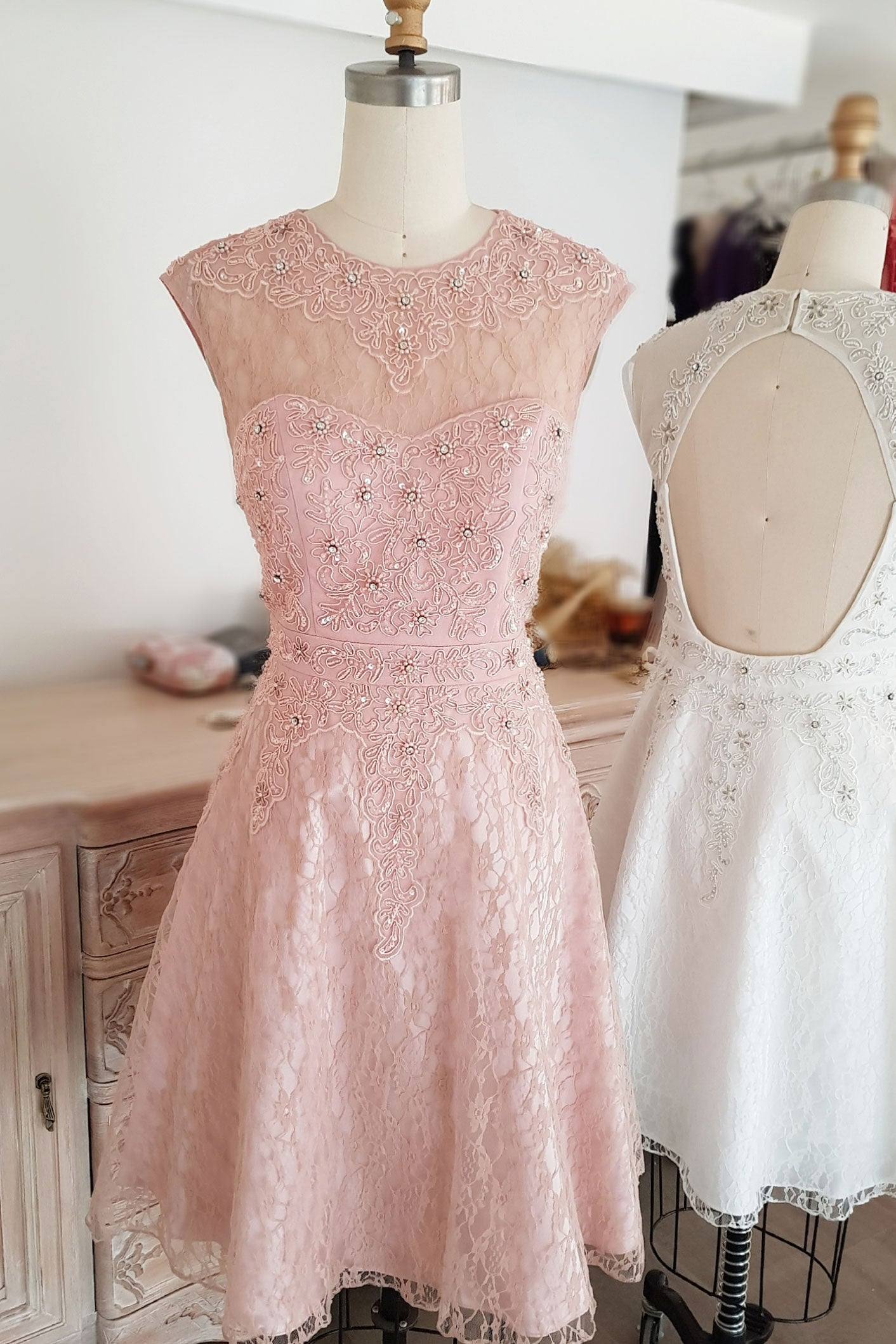 Cute round neck tulle lace short prom dress lace bridesmaid dress - RongMoon