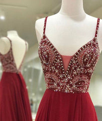 Unique sequin beads burgundy long prom dress, formal dress - RongMoon
