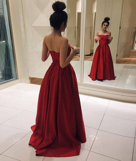 Red satin long prom dress, simple red evening dress - RongMoon