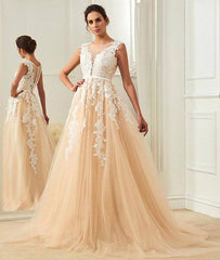 Champagne round neck tulle lace applique long prom dress, champagne evening dress - RongMoon
