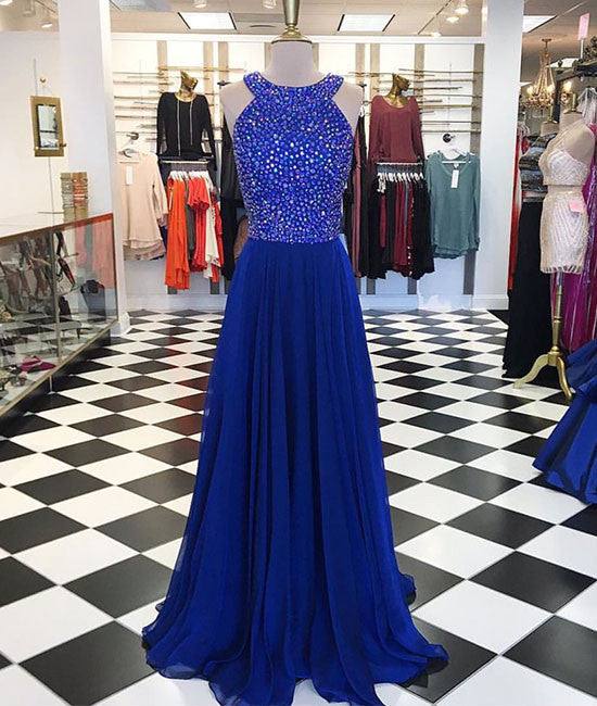 Royal blue round neck long prom dress, blue evening dress - RongMoon