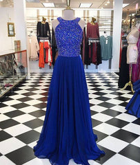 Royal blue round neck long prom dress, blue evening dress - RongMoon