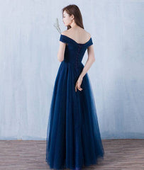 Simple A-line dark blue tulle long prom for teens, blue bridesmaid dress - RongMoon