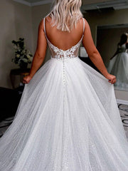 Simple white A-line sequin long prom dress, white evening dress - RongMoon