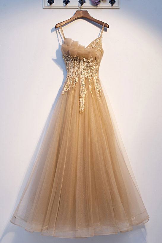 Champagne tulle lace long prom dress champagne formal dress - RongMoon