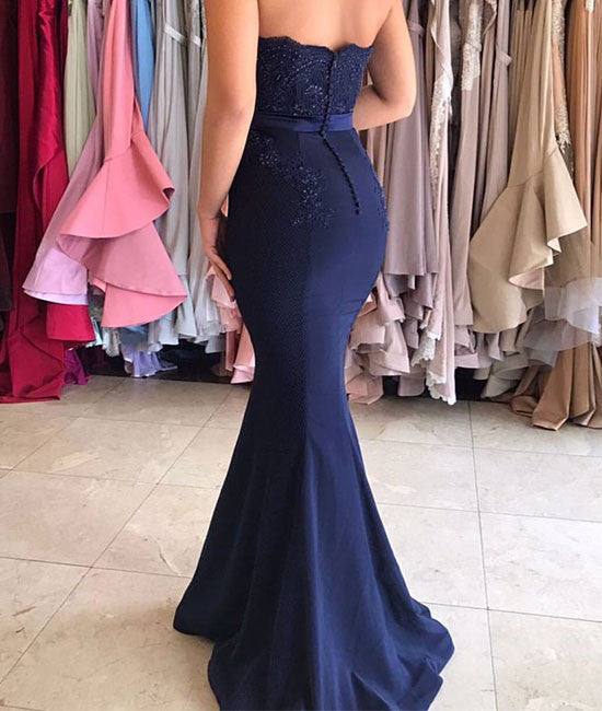 Dark blue lace mermaid long prom dress, bridesmaid dress - RongMoon