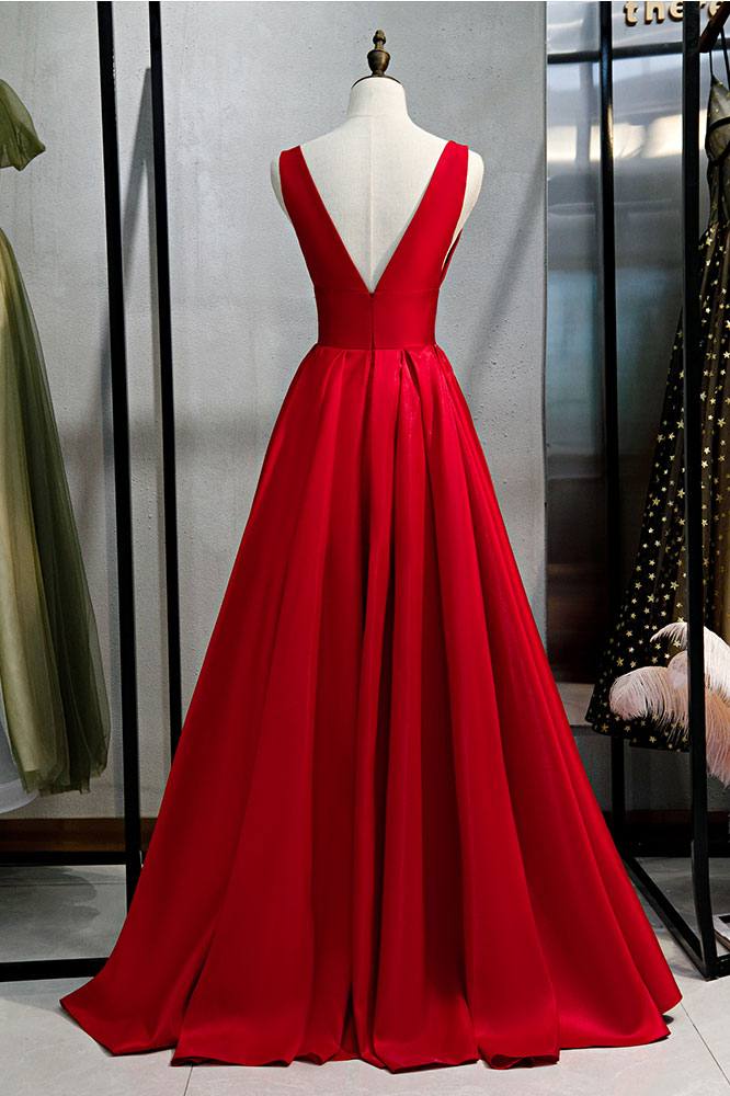 Red v neck satin long prom dress simple red evening dress - RongMoon
