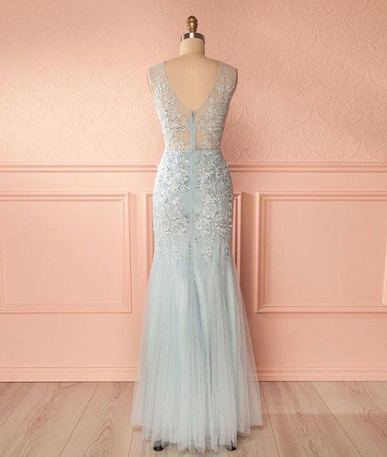 Blue v neck lace tulle long prom dress, blue lace evening dress for teens - RongMoon