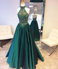 Green high neck long prom dress, green evening dress - RongMoon