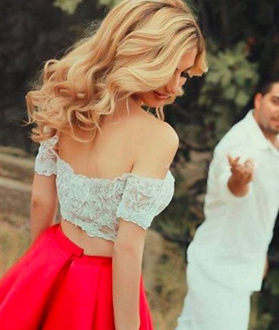 Cute Red 2 Pieces Short Lace Prom Dresses, Evening Dress - RongMoon