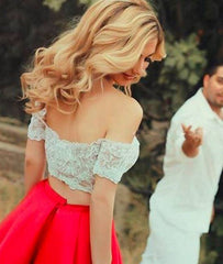 Cute Red 2 Pieces Short Lace Prom Dresses, Evening Dress - RongMoon