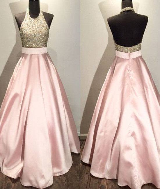 Pink round neck sequin long prom gown, pink evening dress for teens - RongMoon