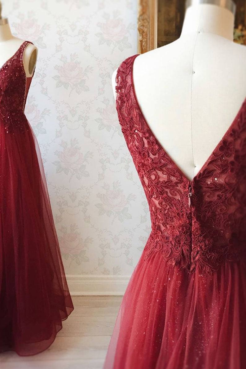 Burgundy v neck tulle sequin lace long prom dress - RongMoon